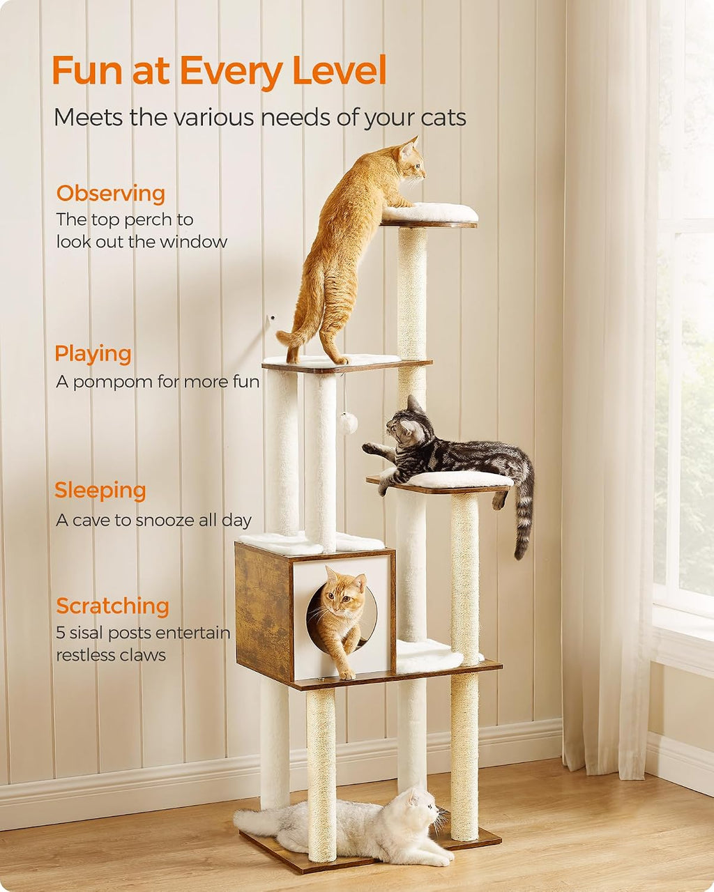 Cat Tree, 64.6-Inch Multi-Level Tower with 5 Scratching Posts